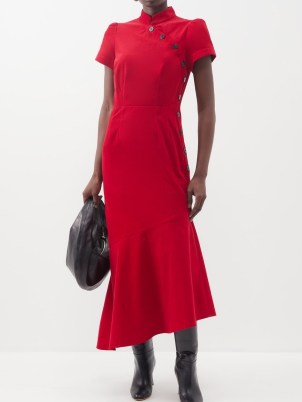 CEFINN Layla asymmetric corduroy midi dress in red – short sleeve mandarin collar dresses – tiered asymmetrical hemline