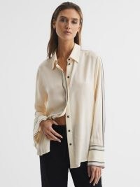 REISS BAILEY FITTED SIDE STRIPED DIP HEM BLOUSE IVORY ~ women’s luxury shirts ~ womens contemporary collared blouses