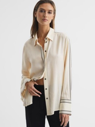 REISS BAILEY FITTED SIDE STRIPED DIP HEM BLOUSE IVORY ~ women’s luxury shirts ~ womens contemporary collared blouses