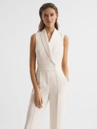 Reiss DANI TUXEDO JUMPSUIT in IVORY / sleeveless occasion jumpsuits / women’s all-in-one evening clothes / womens special event fashion