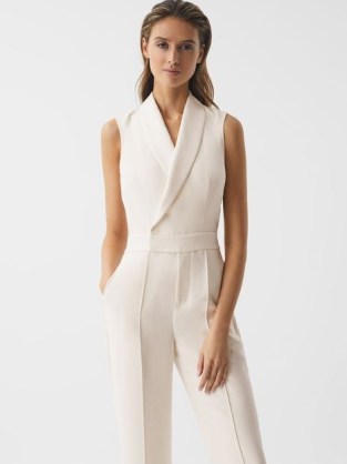 Reiss DANI TUXEDO JUMPSUIT in IVORY / sleeveless occasion jumpsuits / women’s all-in-one evening clothes / womens special event fashion - flipped