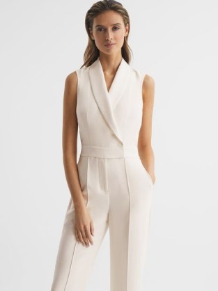 Reiss DANI TUXEDO JUMPSUIT in IVORY / sleeveless occasion jumpsuits / women’s all-in-one evening clothes / womens special event fashion