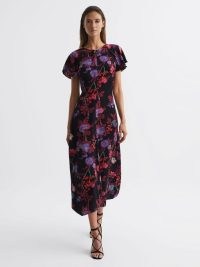 REISS ELENI CAP SLEEVE MAXI DRESS BLACK/PINK ~ women’s floral flutter sleeved occasion dresses