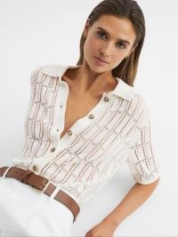 Reiss SAVANNAH SHORT SLEEVE CROCHET SHIRT IVORY | knitted shirts | collared button closure tops | women’s knitwear fashion | luxe style knits