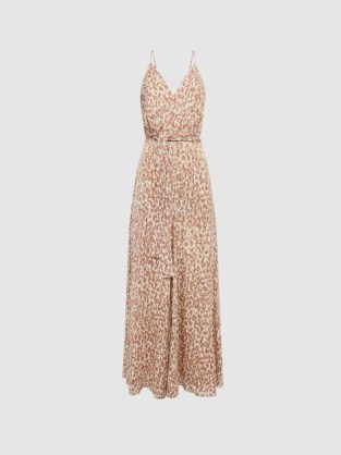 REISS IZZY ANIMAL PRINT MAXI DRESS NEUTRAL ~ strappy deep V-neckline occasion dresses ~ cross back detail ~ belted tie waist - flipped