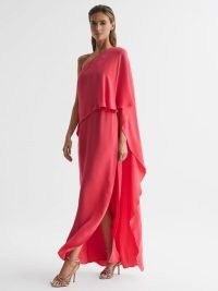 REISS JORDYN OFF-SHOULDER CAPE MAXI DRESS CORAL ~ women’s elegant occasion dresses ~ vibrant one shoulder evening event clothing