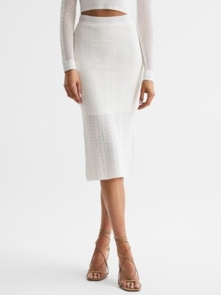 Reiss JUDY KNITTED CROCHET MIDI SKIRT CO-ORD IVORY | knitted pencil skirts | women’s knitwear clothing - flipped