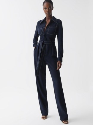 Reiss LARA FITTED JUMPSUIT in NAVY / dark blue collared tie waist jumpsuits - flipped