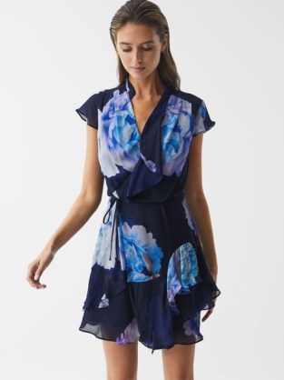 Reiss MACEY FLORAL PRINT WRAP DRESS BLACK/BLUE – women’s floaty tie waist wrap dresses – feminine clothes - flipped