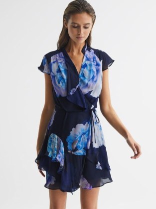 Reiss MACEY FLORAL PRINT WRAP DRESS BLACK/BLUE – women’s floaty tie waist wrap dresses – feminine clothes