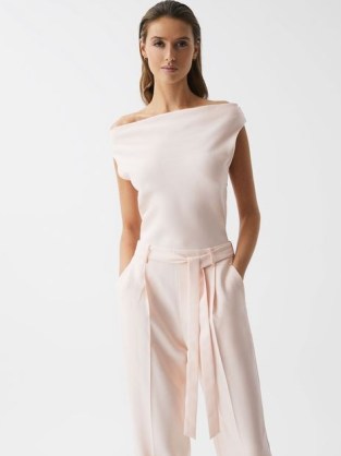REISS MAPLE OFF-THE-SHOULDER JUMPSUIT NUDE ~ pale pink jumpsuits ~ belted tie waist ~ asymmetric neckline ~ women’s occasion clothes ~ womens chic all-in-one evening clothing - flipped