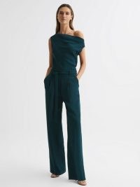 REISS MAPLE OFF-THE-SHOULDER JUMPSUIT TEAL ~ green asymmetric neckline jumpsuits ~ women’s chic all-in-one occasion clothes