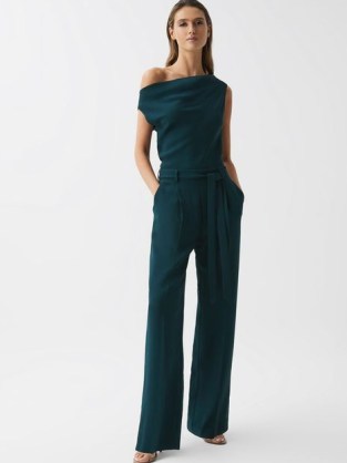 REISS MAPLE OFF-THE-SHOULDER JUMPSUIT TEAL ~ green asymmetric neckline jumpsuits ~ women’s chic all-in-one occasion clothes - flipped