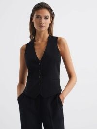 REISS MARGEAUX TAILORED FIT WAISTCOAT BLACK ~ women’s waistcoats ~ women’s chic sleeveless vest tops