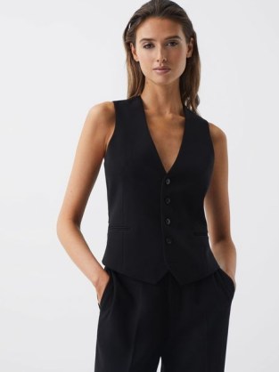 REISS MARGEAUX TAILORED FIT WAISTCOAT BLACK ~ women’s waistcoats ~ women’s chic sleeveless vest tops - flipped