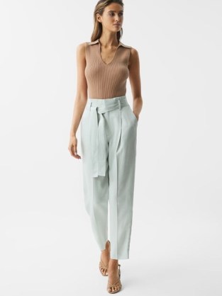 REISS MYLIE TAPERED HIGH RISE TROUSERS MINT ~ women’s light green tie waist pants - flipped