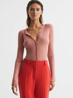 REISS ARABELLA SILK WOOL BLEND RIBBED CARDIGAN pink ~ women’s slim fit button up cardigans ~ luxe style knitwear