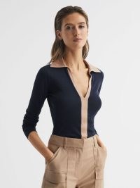 REISS ALLIE COLLARED V-NECK TOP NAVY/CAMEL | womens chic colour block tops