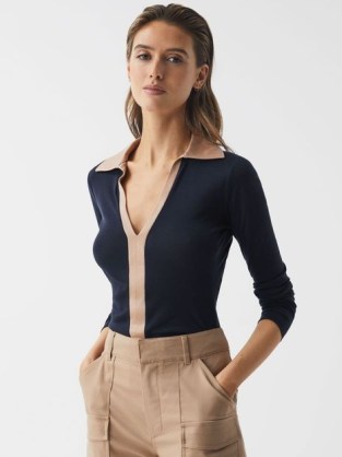 REISS ALLIE COLLARED V-NECK TOP NAVY/CAMEL | womens chic colour block tops - flipped