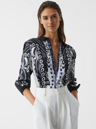 REISS ROSE SCARF PRINTED SHIRT NAVY/WHITE ~ women’s luxury shirts ~ womens luxe clothing - flipped