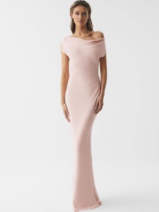 REISS LORETTA OFF-THE-SHOULDER MAXI DRESS NUDE ~ asymmetric neckline dresses | women’s luxe occasion clothes | womens evening event clothing - flipped