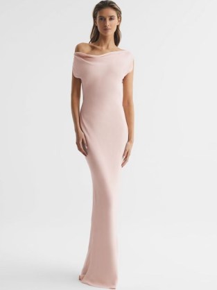 REISS LORETTA OFF-THE-SHOULDER MAXI DRESS NUDE ~ asymmetric neckline dresses | women’s luxe occasion clothes | womens evening event clothing