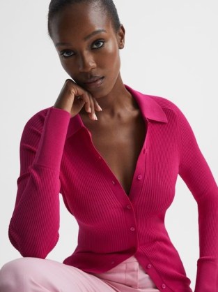REISS SANDY RIBBED BUTTON THROUGH SHIRT PINK ~ women’s vibrant shirts ~ womens collared slim fit tops