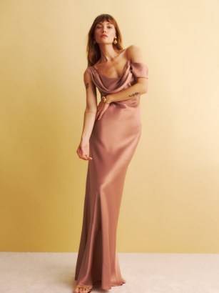 Reformation Ronda Silk Dress in Praline ~ silky one shoulder maxi dresses ~ women’s luxury occasion clothes ~ womens luxe event fashion ~ glamorous asymmetric occasionwear - flipped