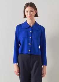 L.K. BENNETT Rosa Blue Knit Scallop Trim Cardigan – collared scalloped edge cardigans