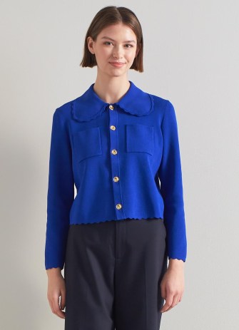 L.K. BENNETT Rosa Blue Knit Scallop Trim Cardigan – collared scalloped edge cardigans - flipped