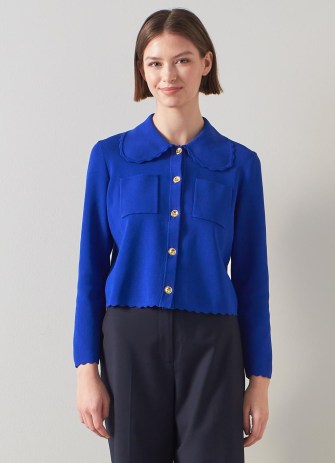 L.K. BENNETT Rosa Blue Knit Scallop Trim Cardigan – collared scalloped edge cardigans
