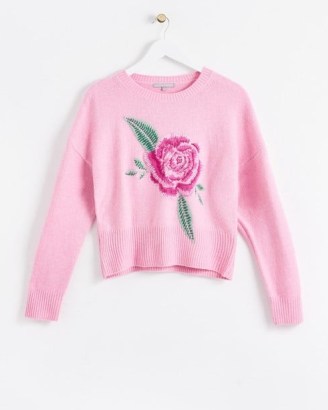 Oliver Bonas Rose Embroidered Pink Knitted Jumper ~ women’s floral motif jumpers