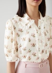 L.K. BENNETT Rosie Cream and Pink Primula Print Silk Blouse ~ vintage style clothing ~ floral ruffle trim blouses