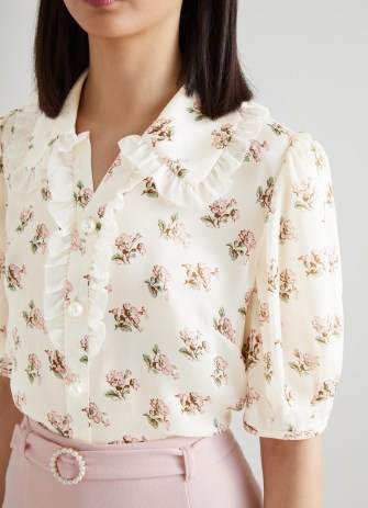L.K. BENNETT Rosie Cream and Pink Primula Print Silk Blouse ~ vintage style clothing ~ floral ruffle trim blouses - flipped