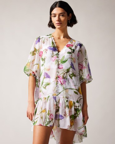 TED BAKER Rosmryy Floral Cover Up With Dropped Waist White / floral beach cover ups / women’s beachwear / womens poolside fashion - flipped