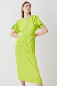 KAREN MILLEN Ruched Front Crepe Midi Dress in Lime ~ citrus green occasion dresses