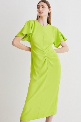 KAREN MILLEN Ruched Front Crepe Midi Dress in Lime ~ citrus green occasion dresses - flipped