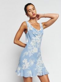 Reformation Rudie Dress in Aliso / light blue floral print ruffle hem mini dresses / cowl neckline / women’s luxury fashion
