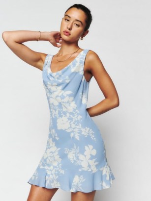 Reformation Rudie Dress in Aliso / light blue floral print ruffle hem mini dresses / cowl neckline / women’s luxury fashion - flipped