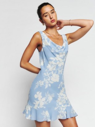 Reformation Rudie Dress in Aliso / light blue floral print ruffle hem mini dresses / cowl neckline / women’s luxury fashion