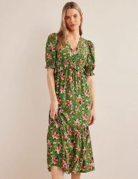 Boden Ruffle Detail Midi Tea Dress in Park Ranger, Wild Cluster ~ green floral dresses ~ women’s feminine clothes ~ short puffed sleeves ~ ruffled fashion