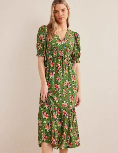 Boden Ruffle Detail Midi Tea Dress in Park Ranger, Wild Cluster ~ green floral dresses ~ women’s feminine clothes ~ short puffed sleeves ~ ruffled fashion