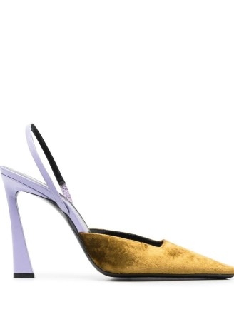 Saint Laurent Blade 105 slingback sandals in purple/gold ~ women’s luxury colour block slingbacks ~ womens luxe colourblock pumps ~ lilac leather and gold velvet high heel shoes - flipped