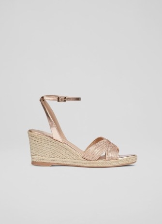 L.K. BENNETT Santana Rose Gold Metallic Rope Wedges ~ wedged summer sandal ~ women’s ankle strap wedge heel shoes ~ womens leather and raffia sandals - flipped