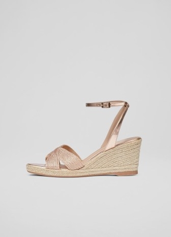 L.K. BENNETT Santana Rose Gold Metallic Rope Wedges ~ wedged summer sandal ~ women’s ankle strap wedge heel shoes ~ womens leather and raffia sandals