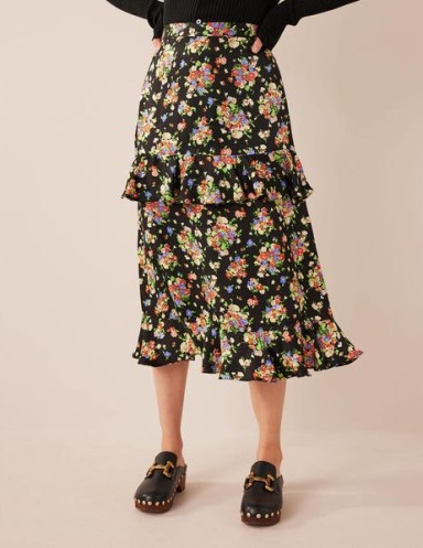 Boden Satin Ruffle Floral Midi Skirt in Black, Wild Cluster | ruffled tiered skirts - flipped