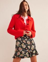 Boden Satin Ruffle Floral Mini Skirt in Black Wild Cluster | women’s short ruffled hem skirts | womens feminine clothes