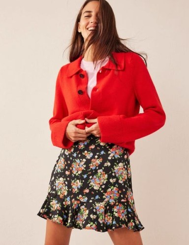 Boden Satin Ruffle Floral Mini Skirt in Black Wild Cluster | women’s short ruffled hem skirts | womens feminine clothes - flipped