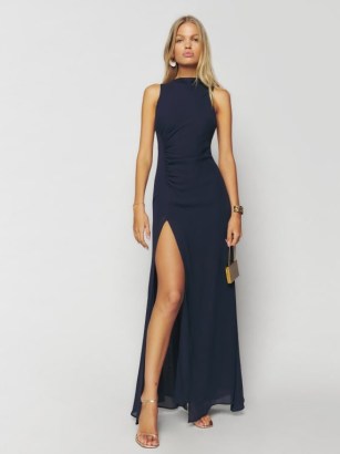 Reformation Senna Dress in Navy – dark blue thigh high slit maxi dresses – women’s evening event clothes – ruched occasion fashion – chic looks – party glamour - flipped