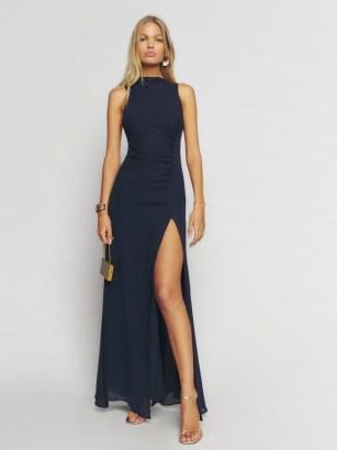 Reformation Senna Dress in Navy – dark blue thigh high slit maxi dresses – women’s evening event clothes – ruched occasion fashion – chic looks – party glamour